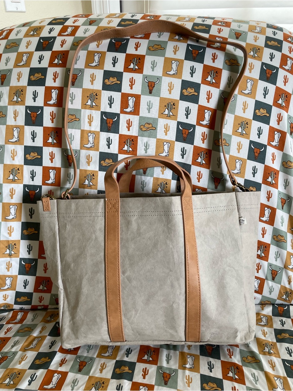 Hearth & Hand Neutral Canvas Messenger Tote with Tan Leather Straps